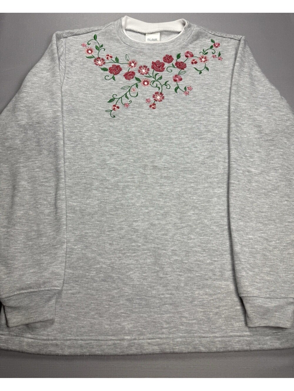 Blair Women’s Small Gray Floral Embroidered Crewneck Sweatshirt Long Sleeve - Picture 2 of 7